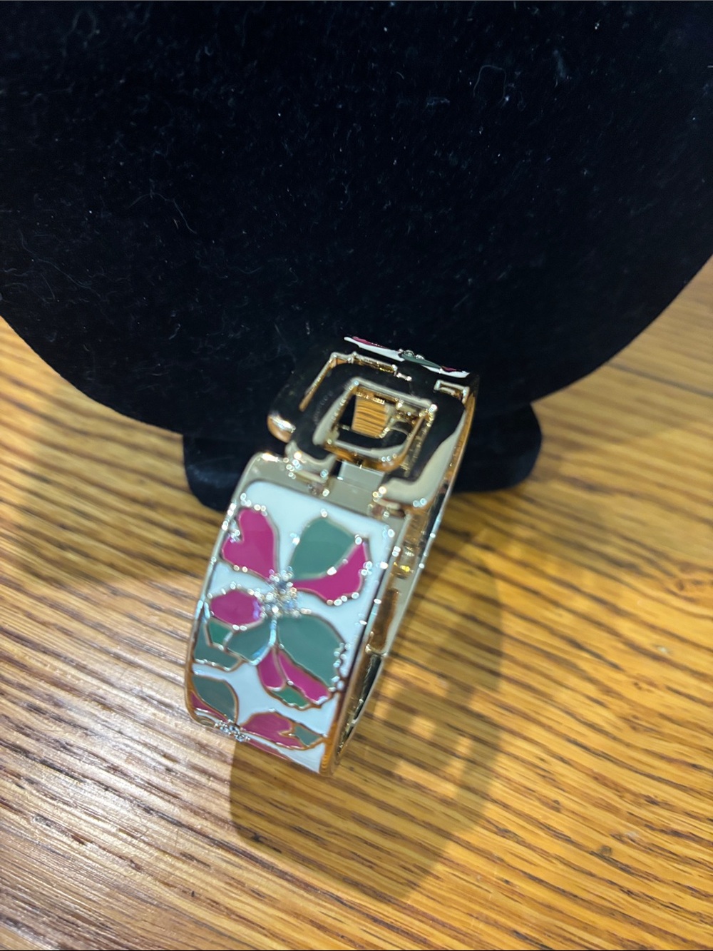 Gold-Tone Floral Enamel Hinged Bracelet - Pink & Green